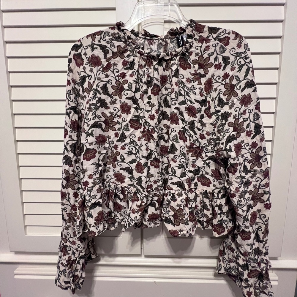 H&M Divided Floral Ruffle Neck Peplum Blouse Cream Burgundy Long Sleeve Womens M